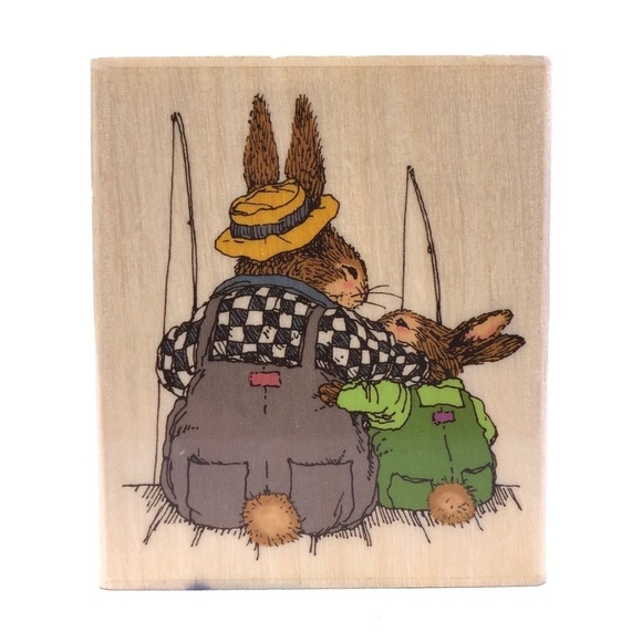 HOLLY POND HILL Susan Wheeler Wood Rubber Rabbit Stamp Fishing Buddies - Picture 1 of 5